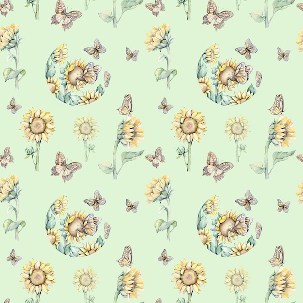 Seamless pattern with a sunflower and butterflies