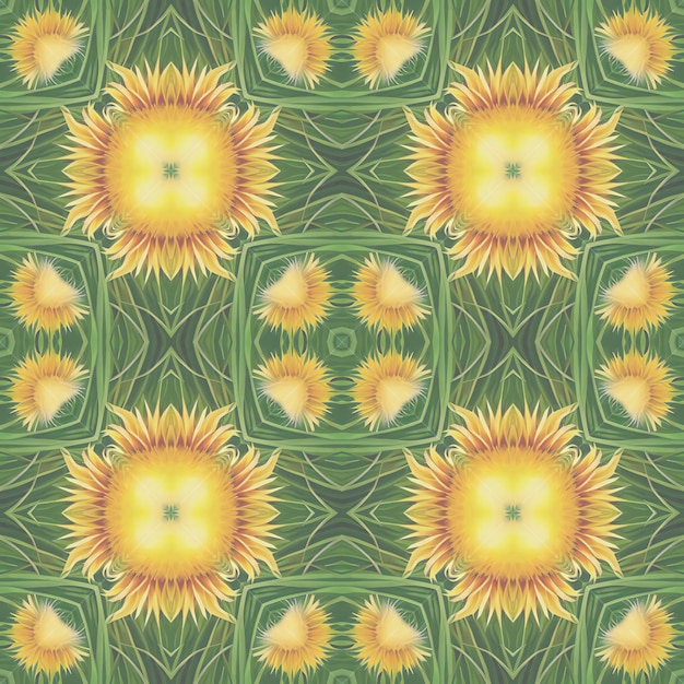 Seamless pattern with sunflowers on a green background