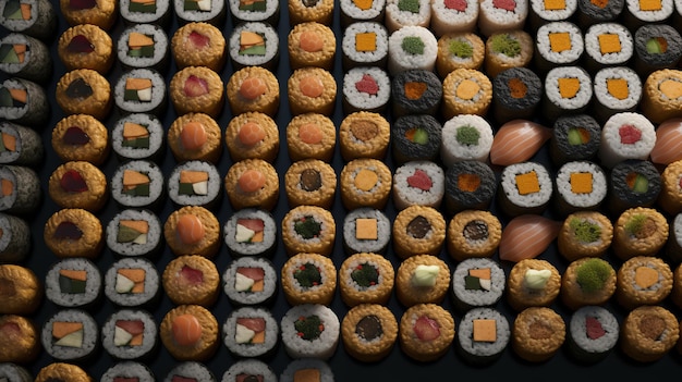 Seamless pattern with sushi Food abstract background Sushi on the black background Al generated