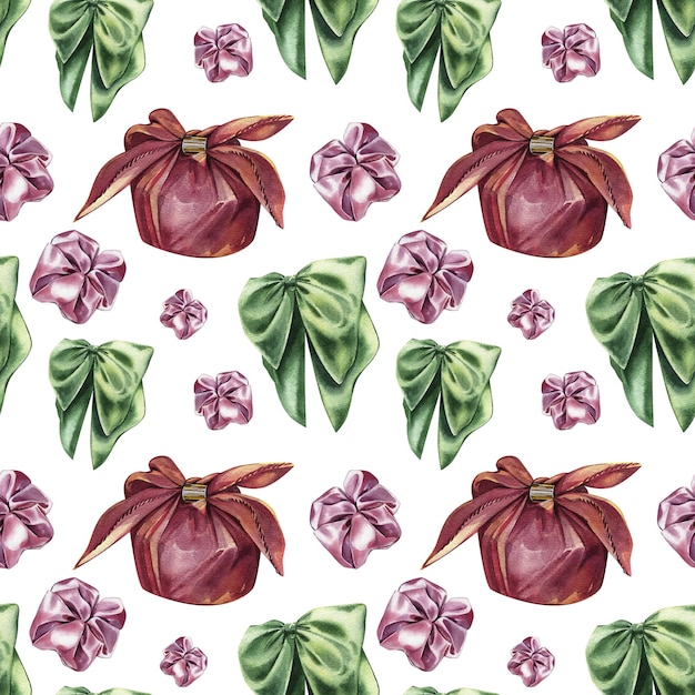 Seamless pattern with textile gift box silk bow knot pink hair accessory