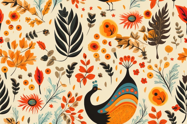 Seamless pattern with thanksgiving turkey bird and autumn leaves and berries Holiday concept