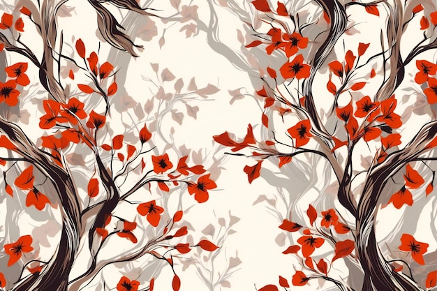 Seamless pattern with tree branches and red flowers