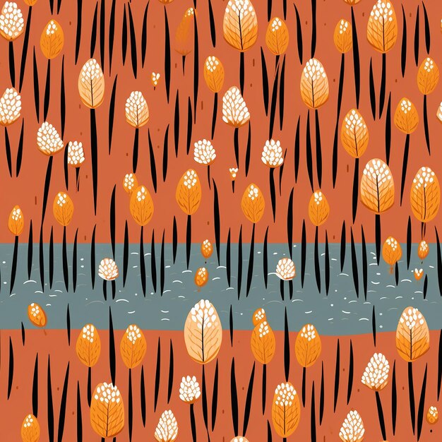 A seamless pattern with trees and leaves in orange and blue.