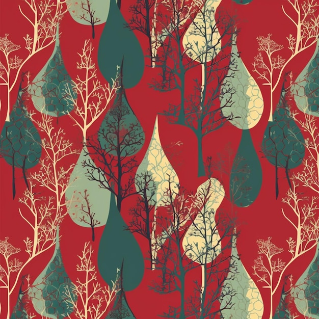 A seamless pattern with trees and leaves on a red background.