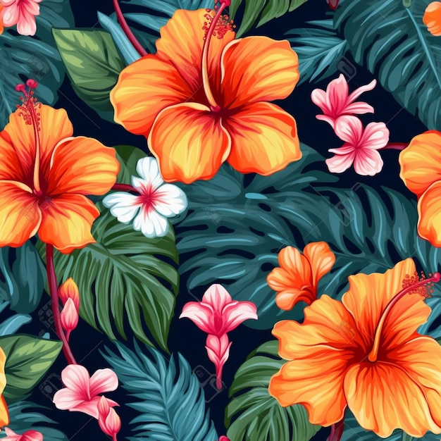 Seamless pattern with tropical flowers on a dark background.