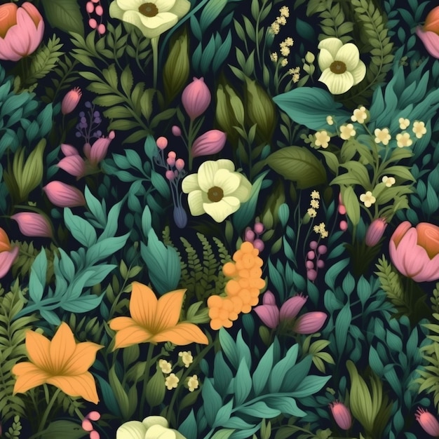 Seamless pattern with tropical flowers on a dark background.