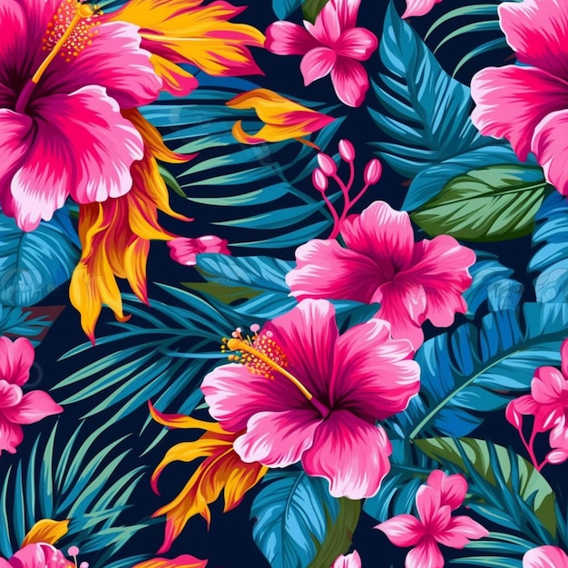 Seamless pattern with tropical flowers and hibiscus on a dark blue background.