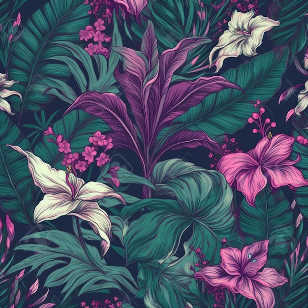 Seamless pattern with tropical flowers and leaves on a dark background.