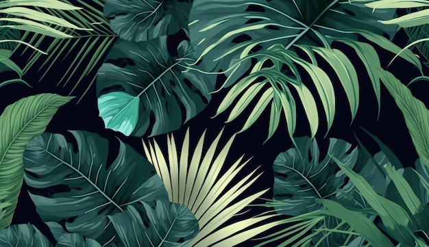 A seamless pattern with tropical leaves on a black background.