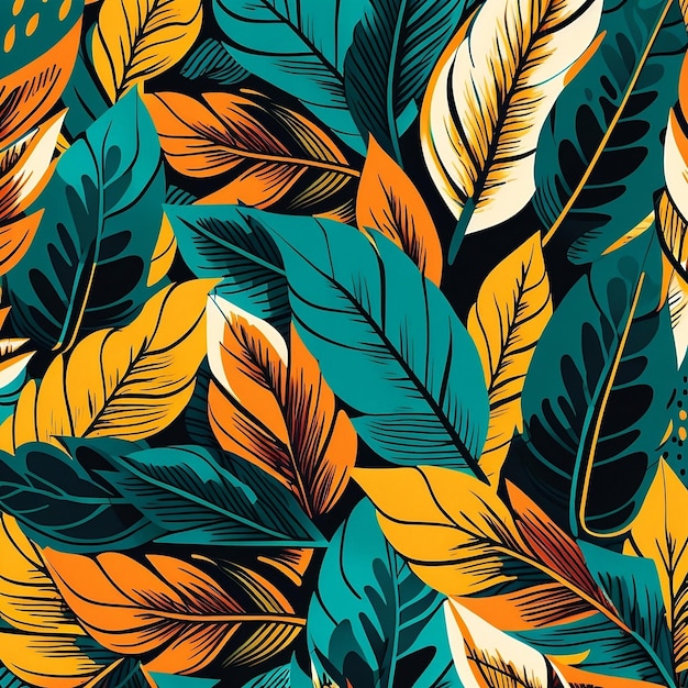 A seamless pattern with tropical leaves and feathers.