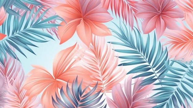 A seamless pattern with tropical leaves and flowers.