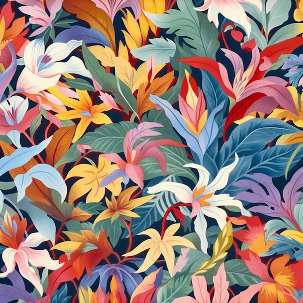 Seamless pattern with tropical leaves and flowers