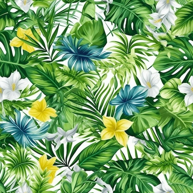 Seamless pattern with tropical leaves on a white background