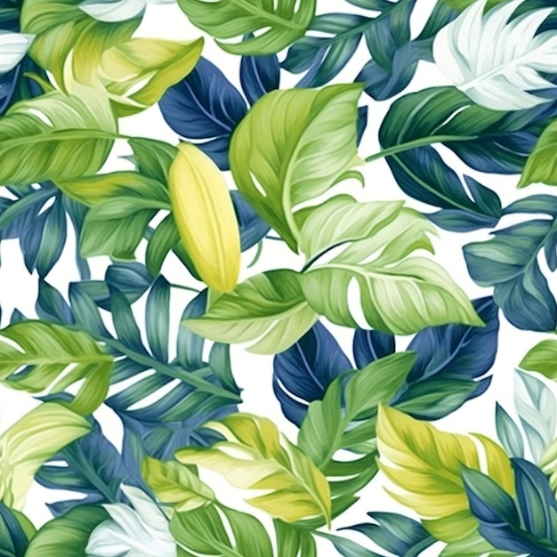 Photo seamless pattern with tropical leaves on a white background