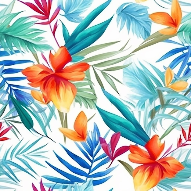 Seamless pattern with tropical leaves on a white background