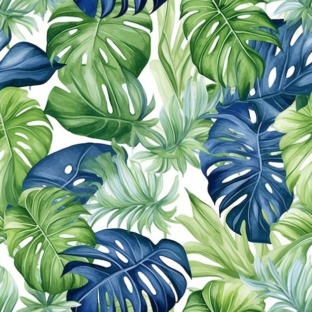 Seamless pattern with tropical leaves on a white background