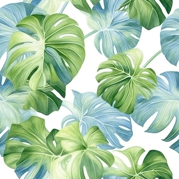 A seamless pattern with tropical leaves on a white background.