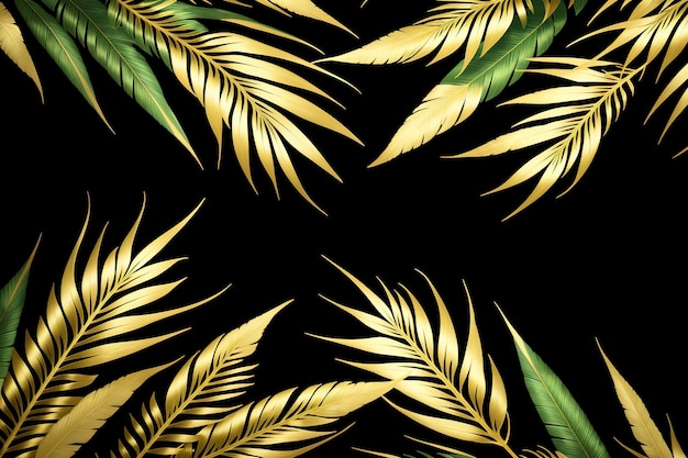 Seamless pattern with tropical leaves and yellow and green leaves on a black background.