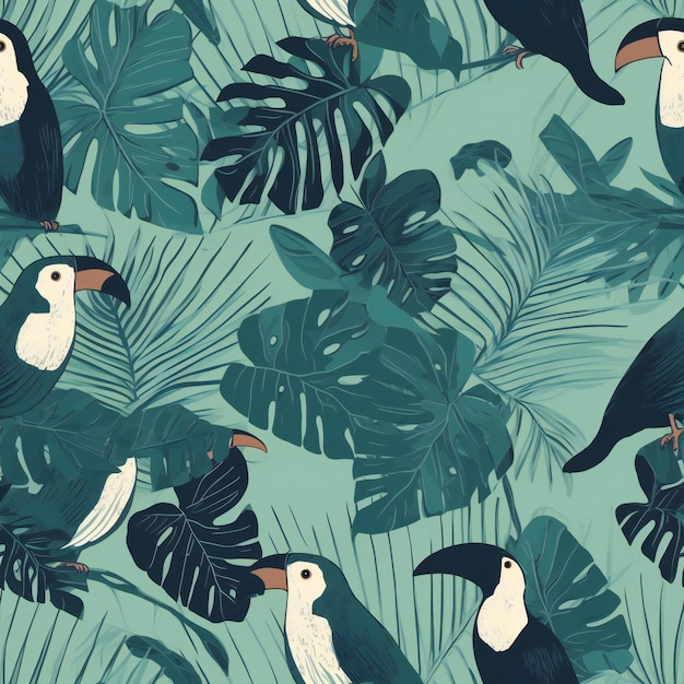 A seamless pattern with tropical plants and toucans.