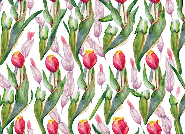 Seamless pattern with tulips and leaves