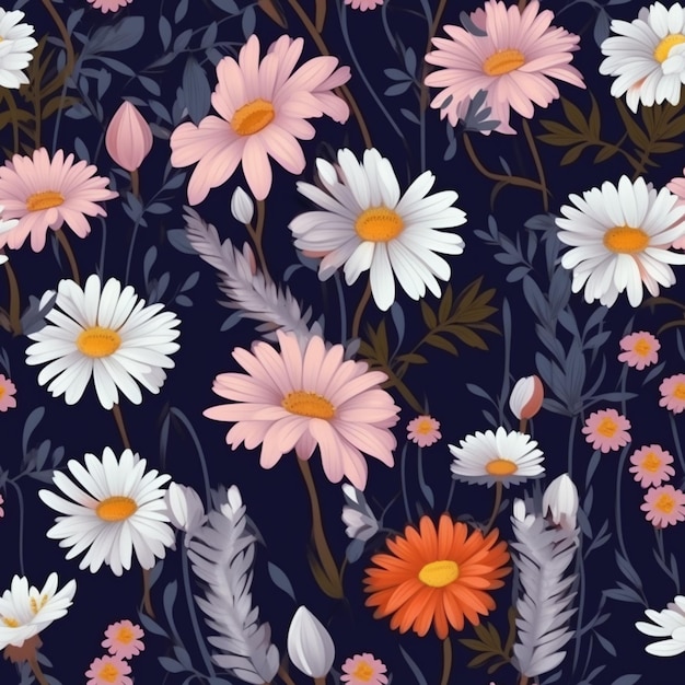 A seamless pattern with a variety of flowers on a dark background.