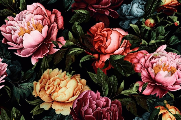 Seamless pattern with vintage peonies on a black background Generative AI Can be used for textiles yoga mats phone cases