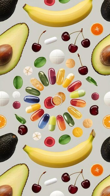 Seamless pattern with vitamins avocado banana pills cherry and fruit