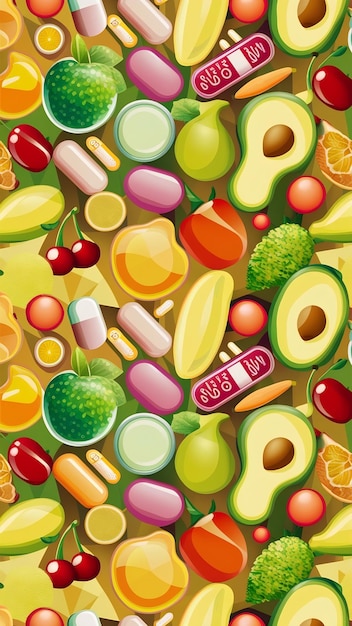 Seamless pattern with vitamins avocado banana pills cherry and fruit