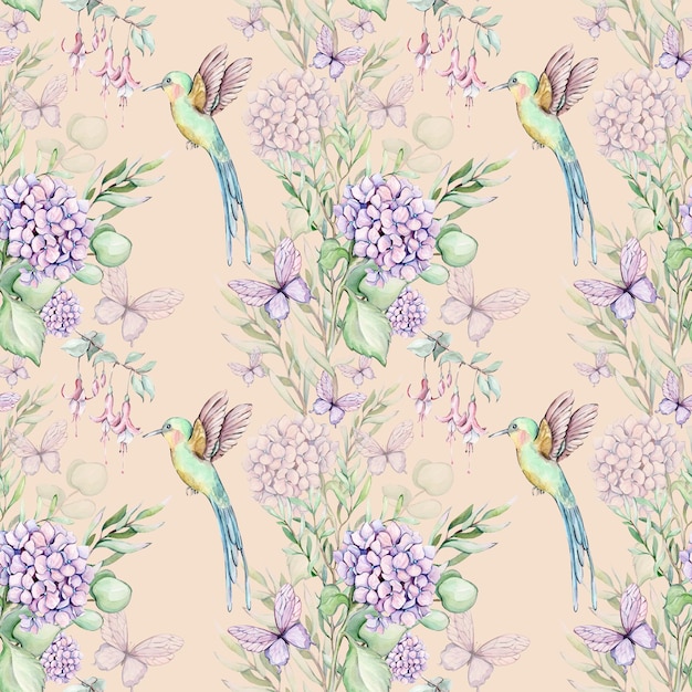 Seamless pattern with a watercolor birds and flowers.