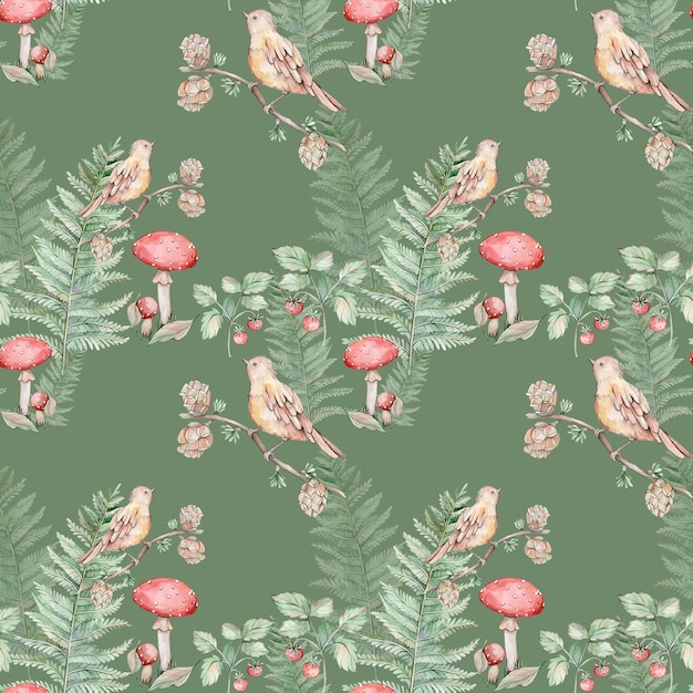 Seamless pattern with watercolor birds mushrooms berries and fern