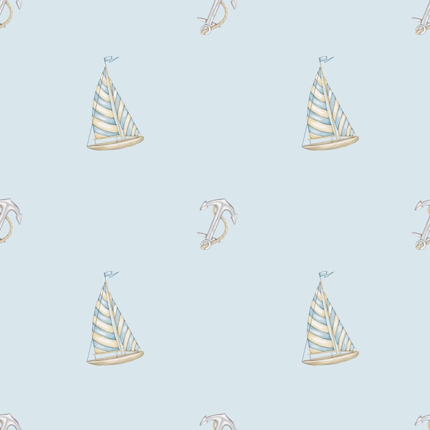 Seamless pattern with watercolor boat and anchor