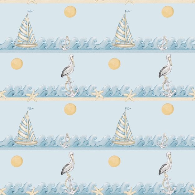 Seamless pattern with watercolor boat pelican and anchor