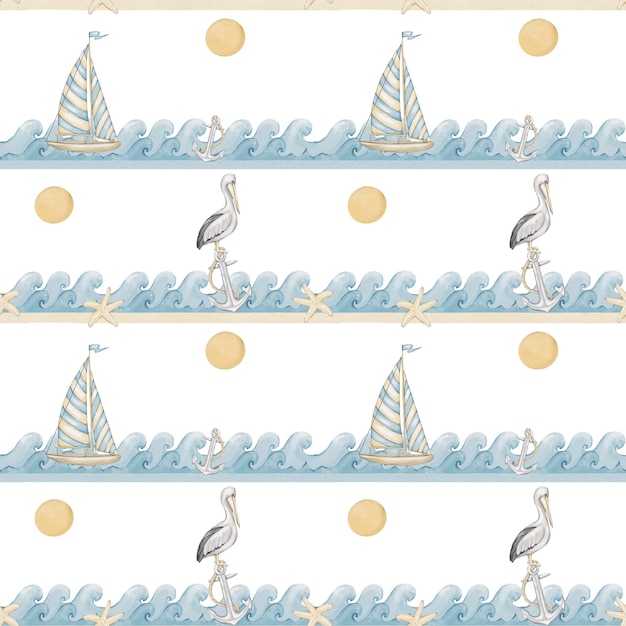 Seamless pattern with watercolor boat pelican and anchor