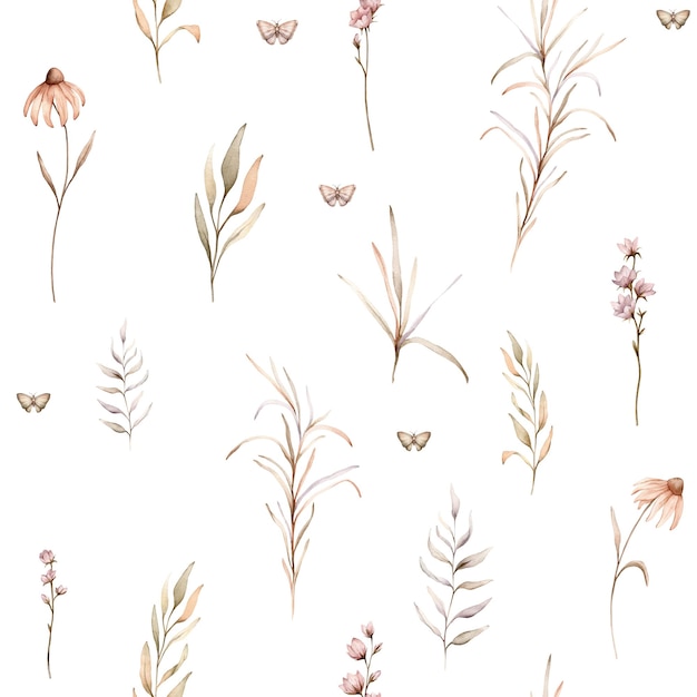 seamless pattern with watercolor botanical autumn illustration echinacea branches flowers Autumn floral illustration Fall vibes Hand painted drawing isolated background floral herds pastel color