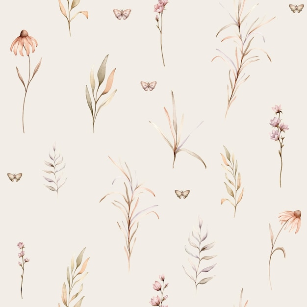 seamless pattern with watercolor botanical autumn illustration echinacea branches flowers Autumn floral illustration Fall vibes Hand painted drawing isolated background floral herds pastel color