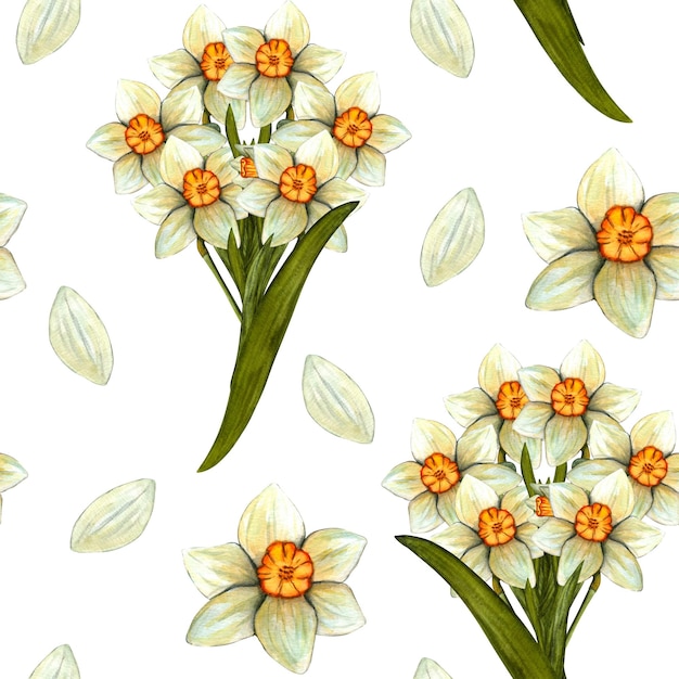 Seamless pattern with watercolor daffodils Flowers with stem and leaf Spring botanical print