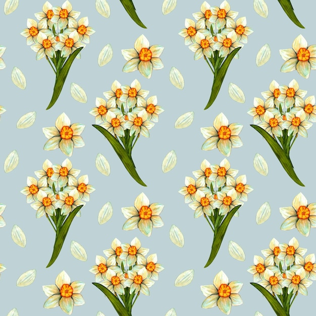 Seamless pattern with watercolor daffodils Flowers with stem and leaf Spring botanical print