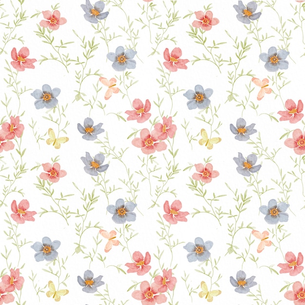 Seamless pattern with watercolor flower blossom and green leaves on white background