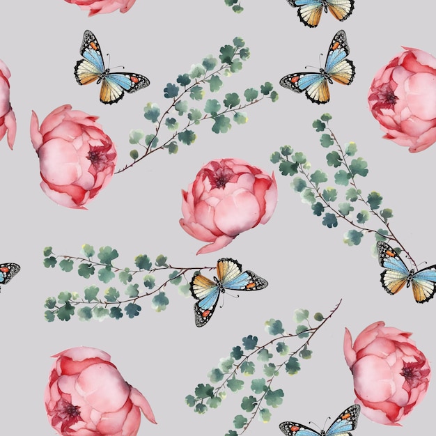 A seamless pattern with watercolor flowers and butterflies on a gray background