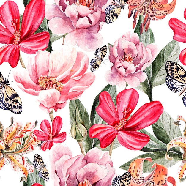 Seamless pattern with watercolor flowers Peonies rose lily