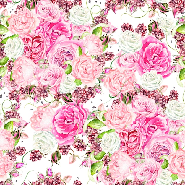 Seamless pattern with watercolor flowers rose and peony