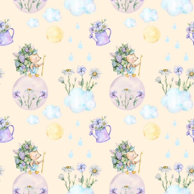 Seamless pattern with watercolor hedgehog and flowers