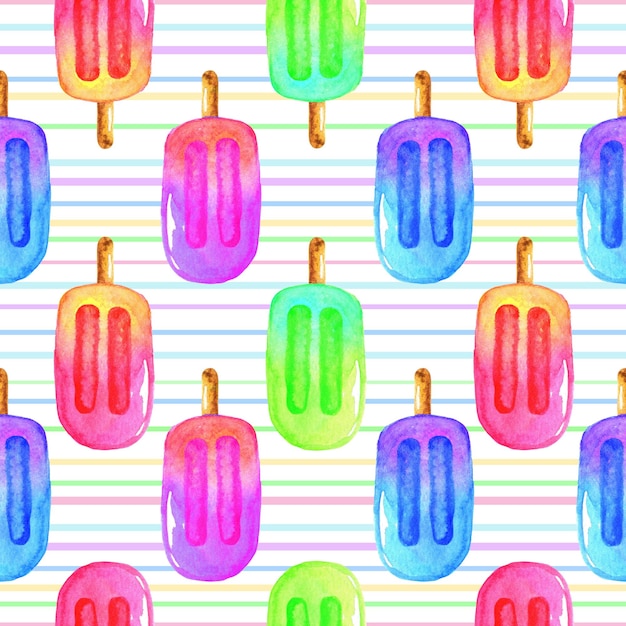 Photo seamless pattern with watercolor ice cream on stick on striped background