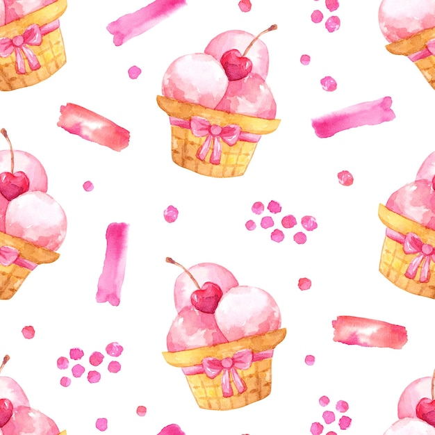 Seamless pattern with watercolor ice cream on white background Fruit ice cream illustration