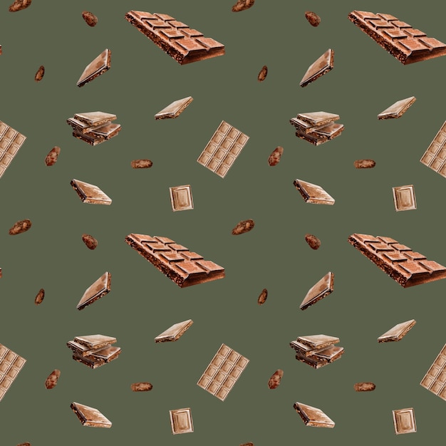 Seamless pattern with watercolor illustration of chocolatecocoa ingredientsChocolate pieceshand drawn