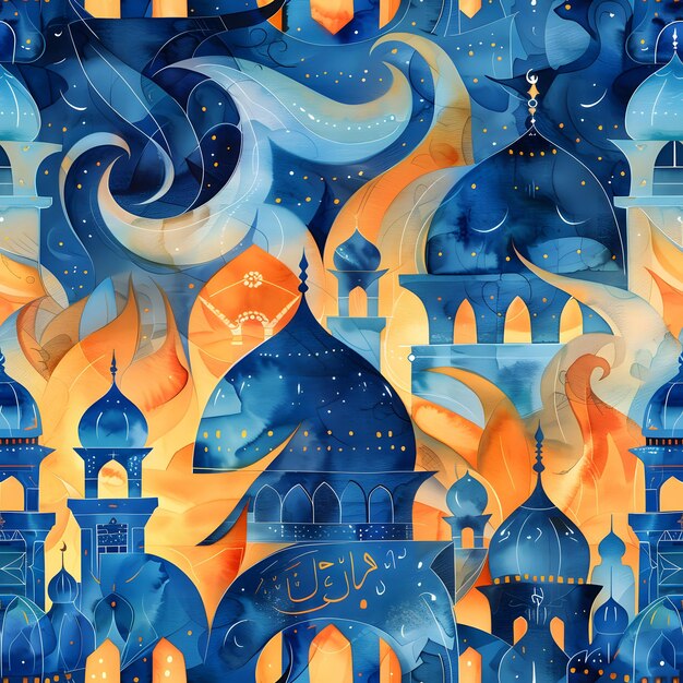 Photo seamless pattern with watercolor illustrations of arabic architecture