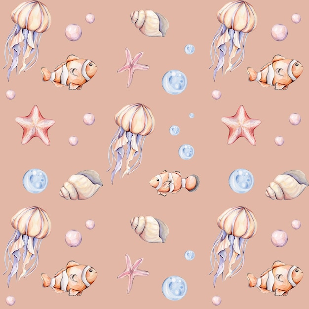 Seamless pattern with watercolor jellyfish starfish and fish