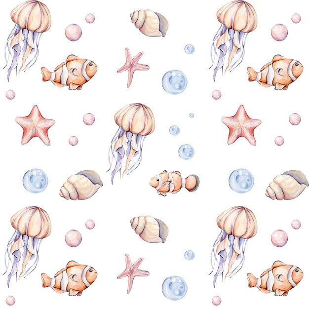 Seamless pattern with watercolor jellyfish starfish and fish