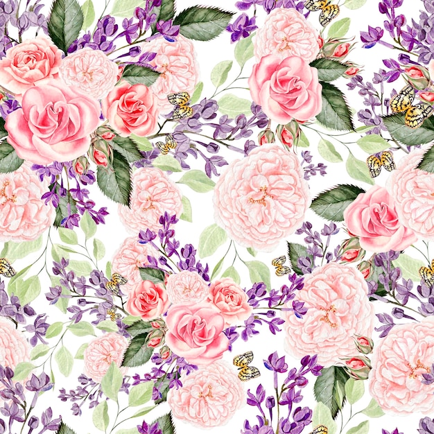 Seamless pattern with watercolor lilac and roses flowers