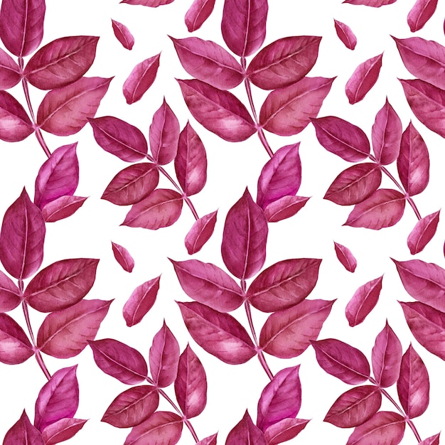 Seamless pattern with watercolor purple leaves hand drawn sketch botanical illustration on white